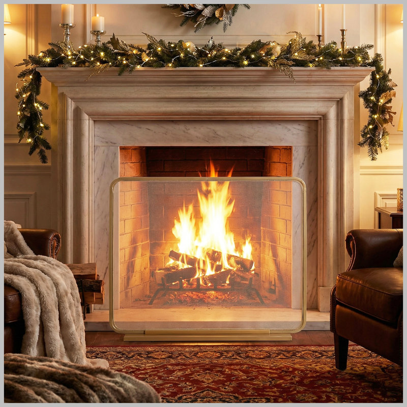Pare-feu Tahlia à 1 panneau en fer, 96,5 cm x 83,8 cm, fini doré, 38" x 33", Golden