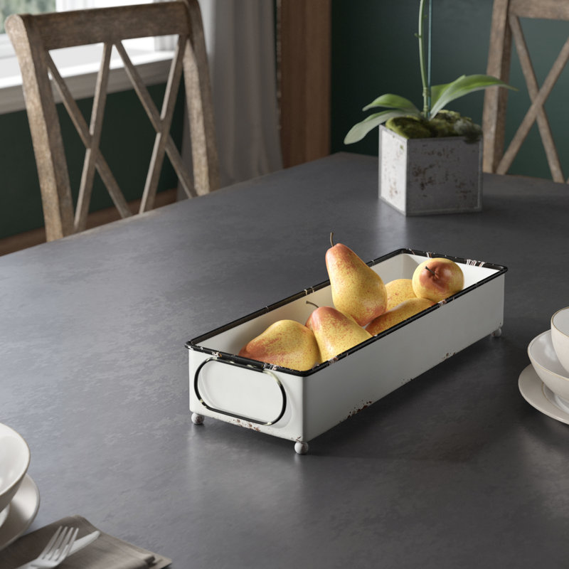 Distressed White Metal Rectangular Tray with Handles