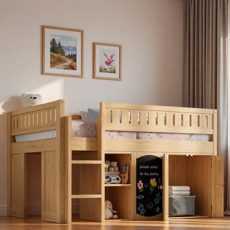 Lit mezzanine avec armoire à deux portes, tablettes ouvertes et panneau noir, Naturel