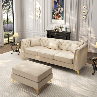 Canapé Chesterfield 3 places modulaire avec coussins capitonnés beige pour salon, appartement