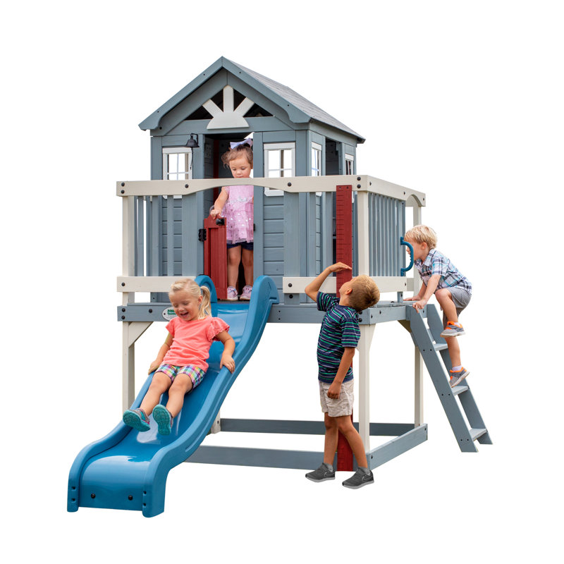 Backyard Discovery Beacon Heights Cedar Wooden Elevated Kids Playhouse with Wave Slide, Play Kitchen, and Deck