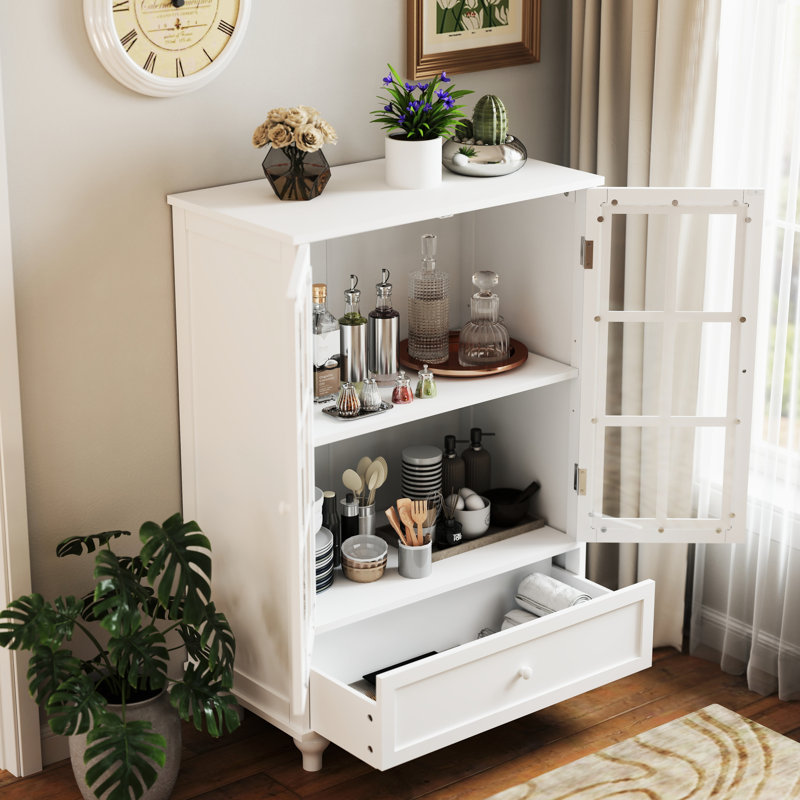 Buffet blanc avec portes doubles en verre et tiroir - Armoire moderne en bois massif avec armoire de rangement