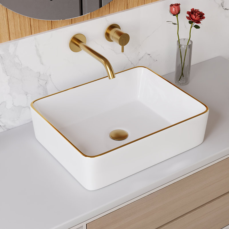 DeerValley Ally 19" x 15" Vitreous China Rectangular Bathroom Sink Vessel Sink, White/Gold