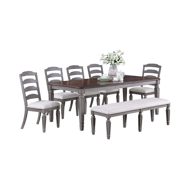 Beautiful Kitchen Contemporary 8Pc Dining Set Dining Table W Leaf 6X Side Chairs Bench Ladder Back Design