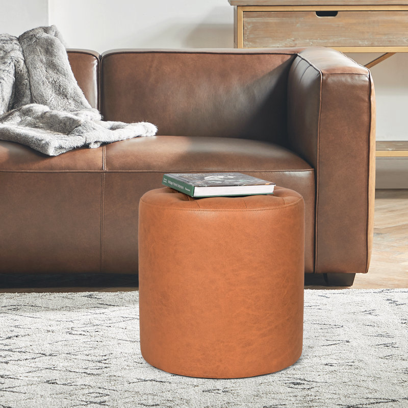 Rangi Tufted Round Standard Ottoman, Dark Orange 