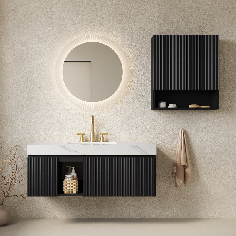 Ensemble meuble-lavabo suspendu EIDEN 48 + TOBI 26, avec rangement mural, comptoir en pierre frittée blanche de Carrare, vasques en céramique, 3 trous pré-percés pour robinetterie, robinetterie et bonde non inclus, coloris noir.