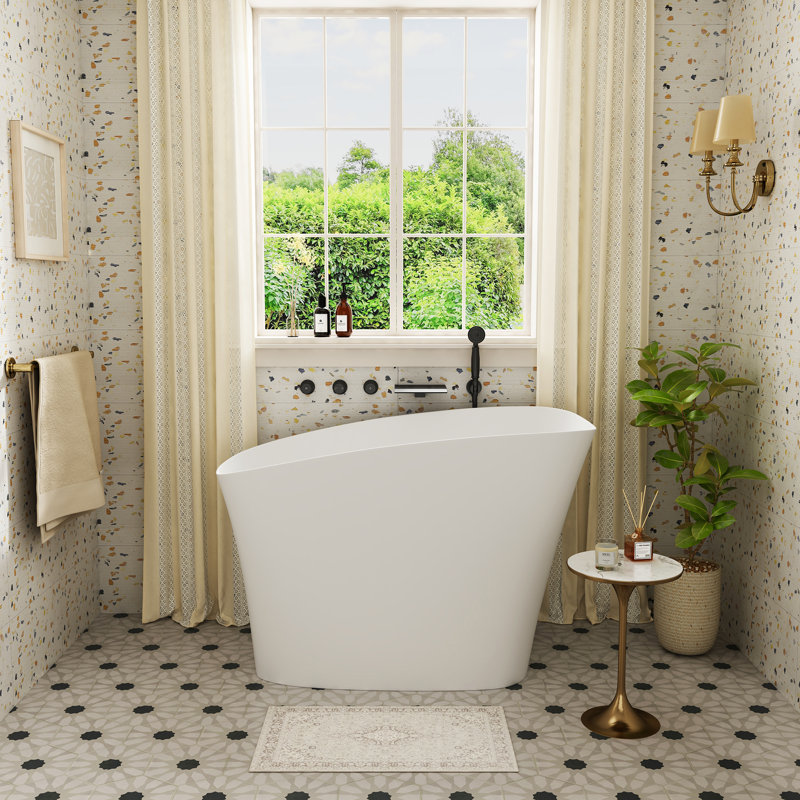 CASAINC 51" Solid Surface Freestanding Soaking Bathtub With Built-in Seat