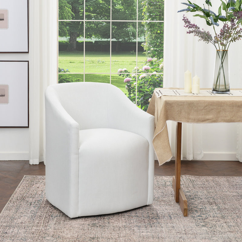 25" Wide Modern No Assembly Linen Barrel Back Upholstered Dining Armchair with Interchangeable Casters & Fixed Feet, Ivory
