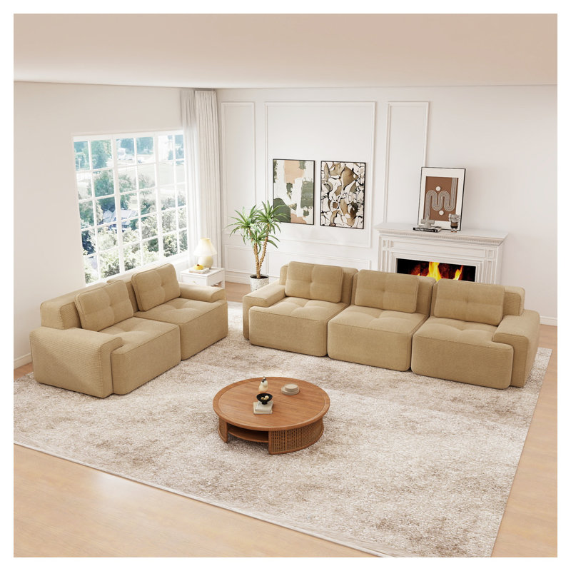 Ensemble de canapé modulaire en velours côtelé Camel, configuration profonde à 5 places avec disposition polyvalente, Tan