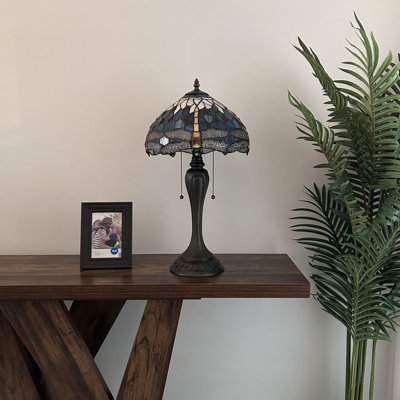 Folcroft Tiffany Table Lamp Dragonfly Blue Stained Glass Included LED Bulbs 12"W*12"D*22"H