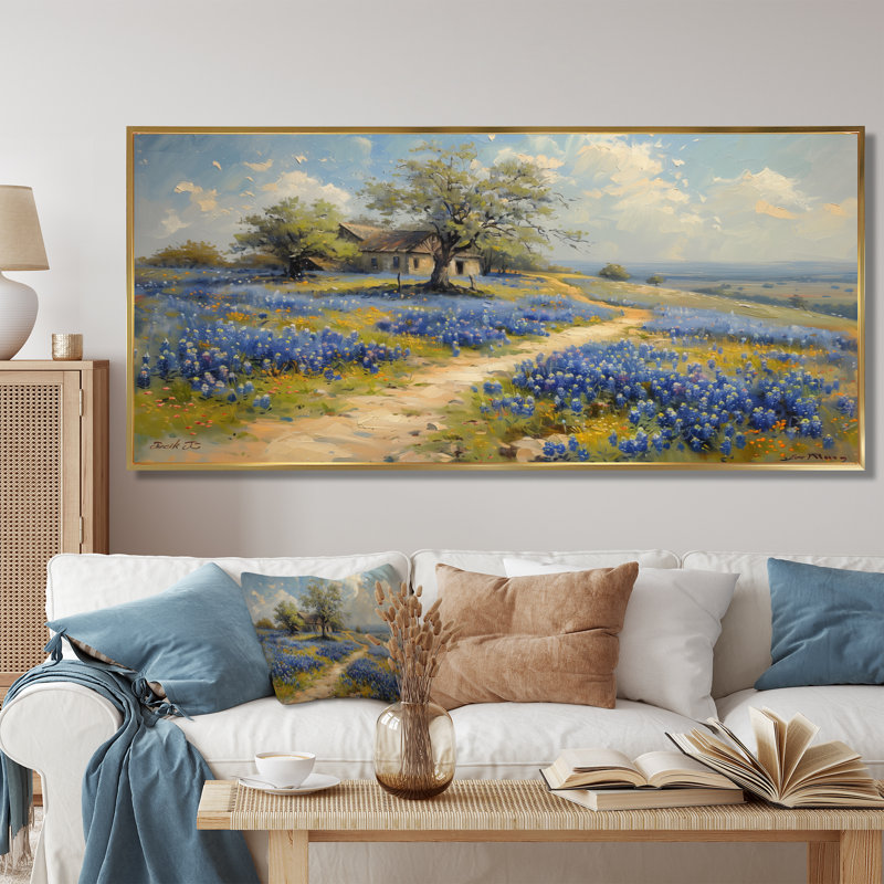 «Blue Green Summer Meadow Charm Blue Bonnets II - Blue Bonnets», art mural, Toile avec cadre flottant or