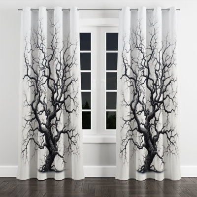 Kimann Grey Monochromatic Tree Serenade I - Traditional Grommet Curtain - Velvet Room Darkening - 1 Panel