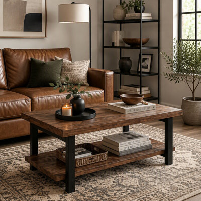 Solid Wood Coffee Table with Distressed Pine Top, Rubberwood Legs, and 2-Tier Storage