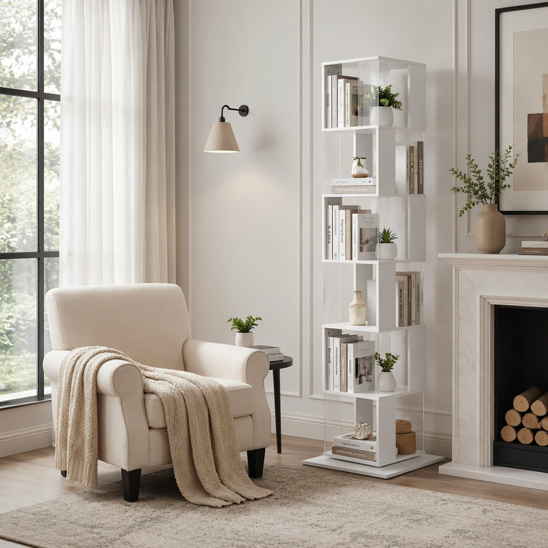 Bibliothèque rotative à 6 niveaux avec plaque en acrylique, support de plancher compact et élégant pour une utilisation multifonctionnelle dans les salons