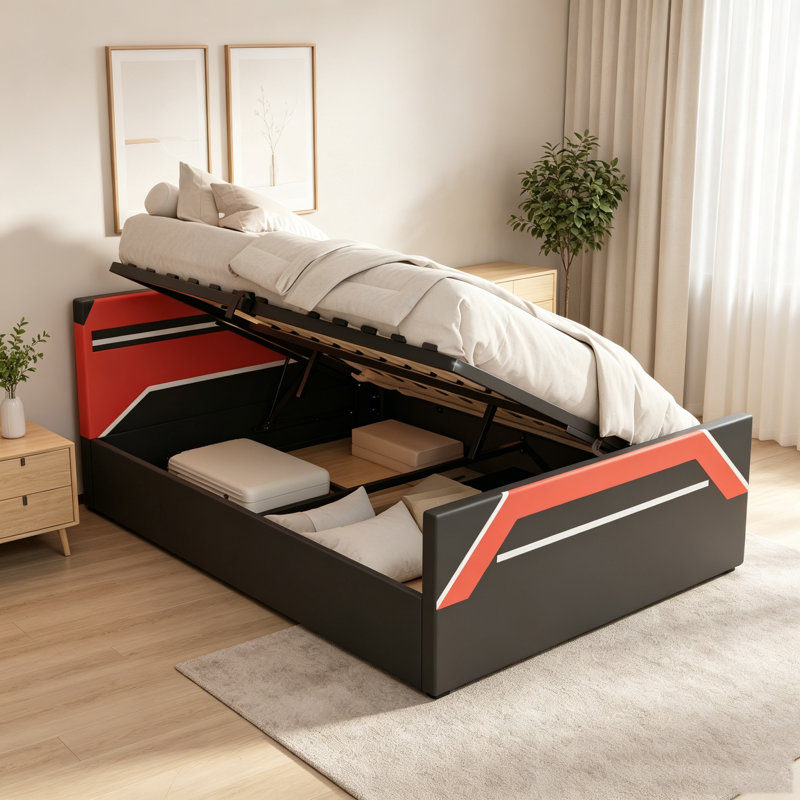 Lit de jeu grand noir et rouge avec tête de lit à éclairage DEL 7 couleurs, lit plateforme avec rangement hydraulique à levage latéral, style Cyberpunk