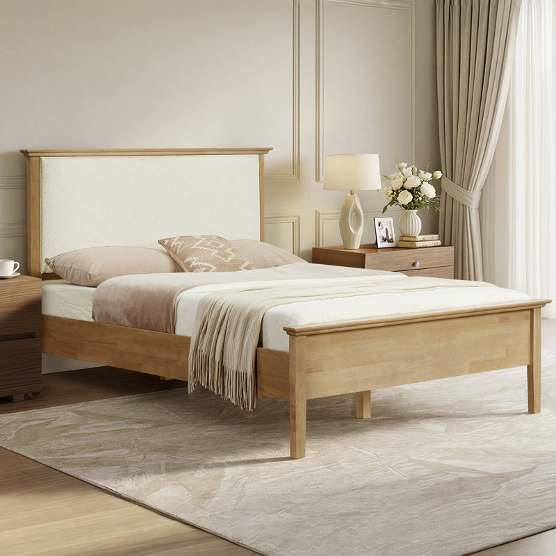 Eirene Farmhouse Solid Wood Platform Bed With Boucle Upholstered Headboard, Natural, Queen