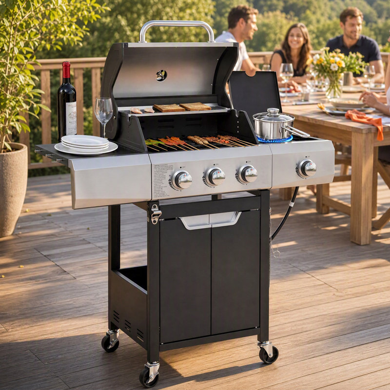 Barbecue à gaz propane à 3 brûleurs avec brûleur latéral, en acier inoxydable, d'une puissance de 40 500 BTU, avec allumage électronique et housse de protection. Parfait pour la cuisine à l'extérieur sur la terrasse, dans le jardin ou en camping.