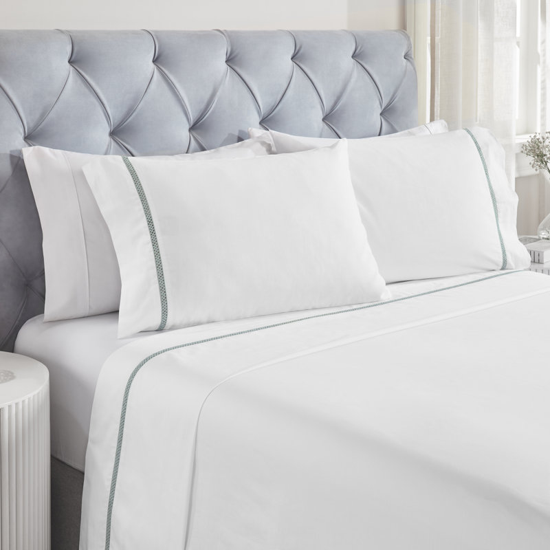 Ensemble de draps en coton Riverton , Ensemble de draps double / double avec 2 taies d'o, Blanc / bleu sarcelle clair