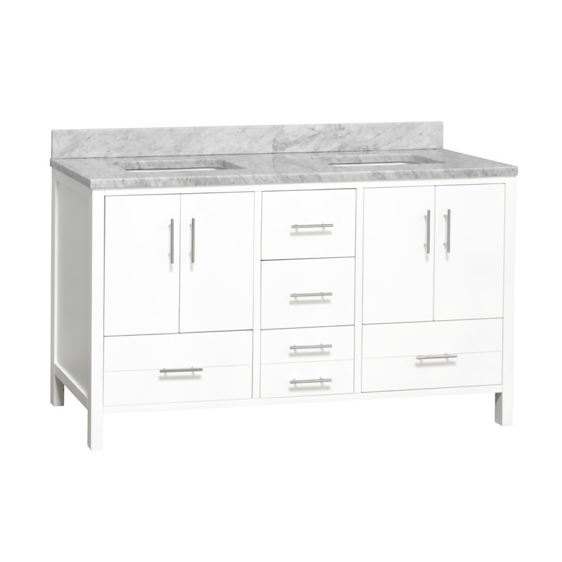 Ensemble de meuble-lavabo double 60 po Kiara, Blanc, Marbre de Carrare