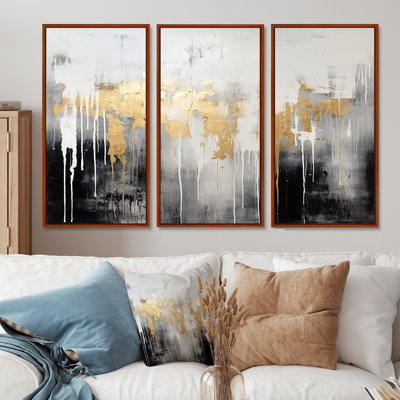 Dripping Gold White Grey Black Gold - Abstract Wall Art Print Set