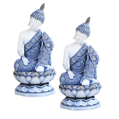 "2-PC Set" ICE ARMOR 11"H Blue and White Thai Buddha on Lotus Seat Figurine Figurine Statue Ornament Home/Room Decor and Perfect Gift Ideas for House Warming, Holidays and Birthdays Great Collectible Addition