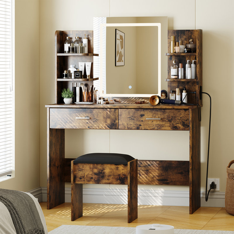 55.9''H Vanity Desk With Lighted Mirror, Makeup Vanity Set With Power Outlet, 6 Storage Shelves, 2 Large Drawers And 3 Color Light Adjustable Brightness