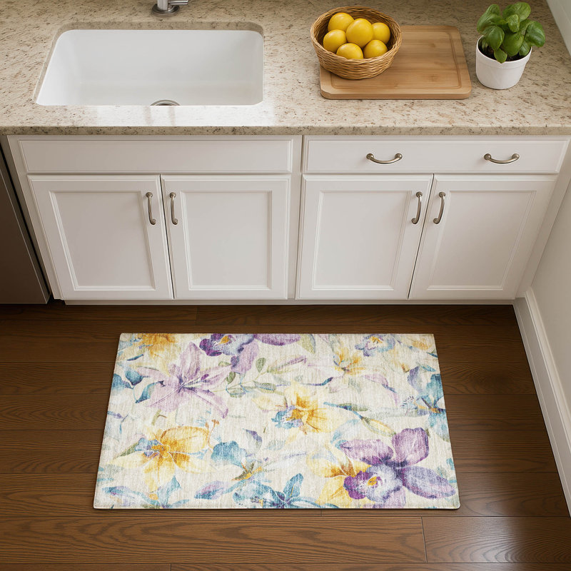 Premium Machine Washable Mayfield AMF2262 Floral Rug, 1'8" x 2'6", Beige