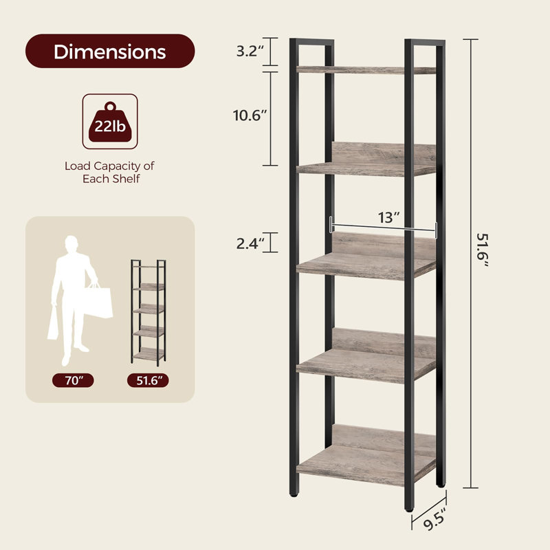 Bibliothèque verticale autoportante à 5 niveaux, (5 tablettes) H 51,6 po x l 13 po x P 9,5 po, Greige / noir