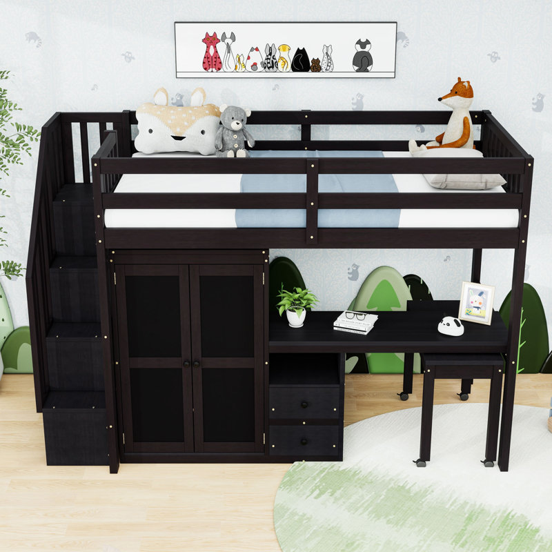 Wooden Loft Bed With Built-In-Desk And Stairs, Twin, Espresso