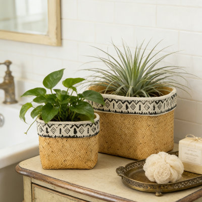 2-Piece Cement-Weave Pattern Planters with Geometric Accents — 10.5-inch Stylish Planting Containers for Personalized Gardening Spaces