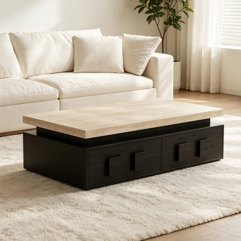 Table basse rectangulaire avec rangement en ardoise pour le salon, 14.96" H x 51.18" W x 27.55" D, Beige / Noir