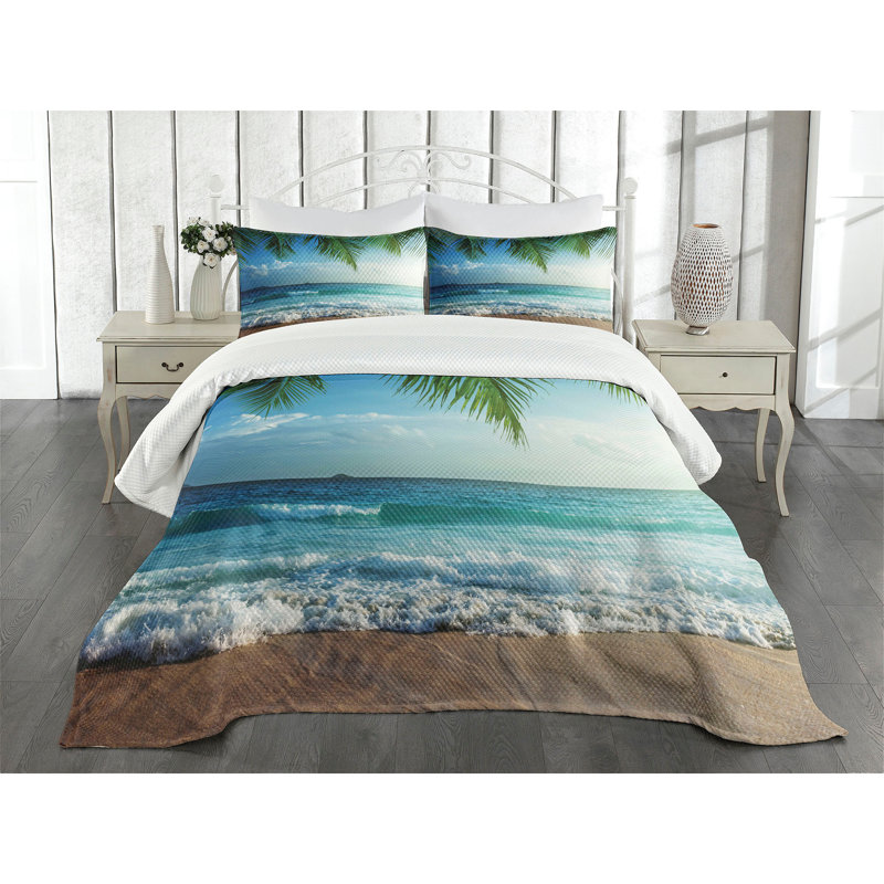 Ambesonne Ocean Bedspread Palms Tropical Island, Queen Bedspread + 2 Standard Shams