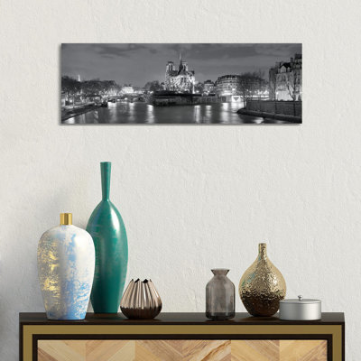 Notre Dame And Eiffel Tower At Dusk, Paris, Ile-de-France, France by Panoramic Images - Wrapped Canvas Panoramic Print