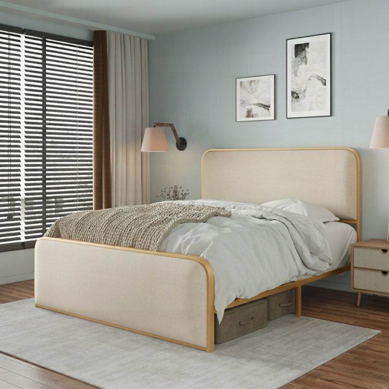 Structure de lit moderne en métal avec tête de lit tapissier, Beige/or, Sans tiroirs, Grand lit