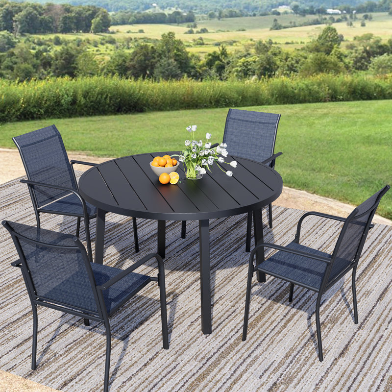5-Piece Outdoor Dining Set, Round Metal Table With 4 Dark Blue Chairs, Black Patio Table With Umbrella Hole For Garden, Yard, Patio