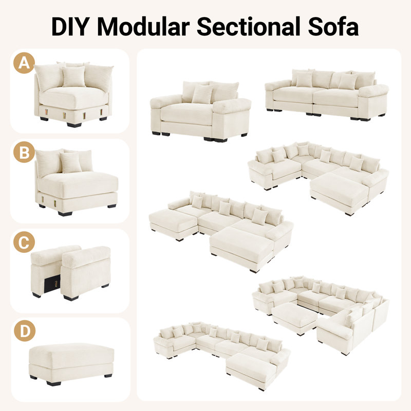 137.7" Corduroy Sectional Corner Sofa 7 Piece Oversized Modular Deep Seat Cloud Couch With Upholstered Movable Ottoman