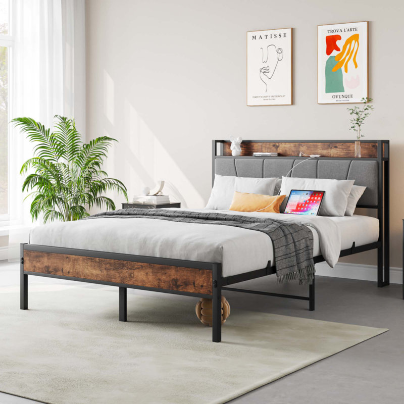 Full Size Bed with Storage Headboard and Charging Station
