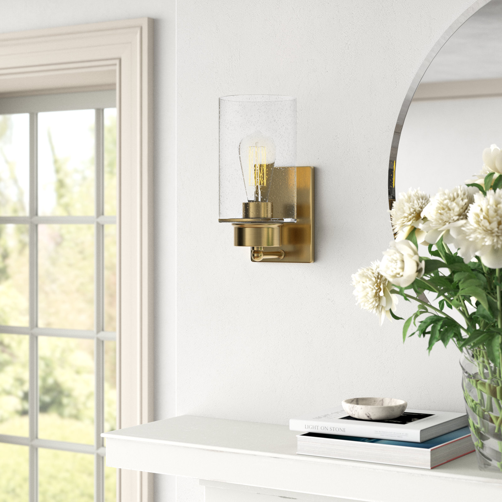 Colada Single Light Dimmable Armed Sconce, Natural Brass
