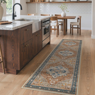 Oriental Neutral Brown / Blue Machine Washable Non-Slip Indoor Runner Rug