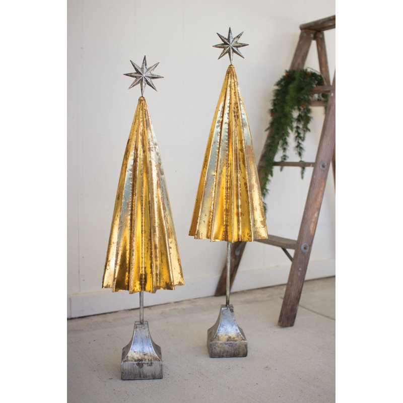  Christmas Folded - Ensemble de 2 arbres en métal dorés avec étoile d'argent 34,25 po