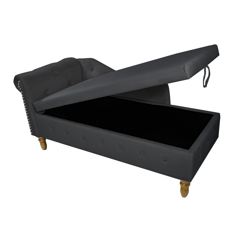 Black Chaise Lounge Indoor,Velvet Lounge Chair For Bedroom With Storage & Pillow,Modern Upholstered Rolled Arm Chase Lounge For Sleeping With Nailhead Trim For Living Room Bedroom Office