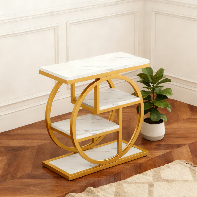 4-Tier Wood End Table With Storage Shelves, White & Gold