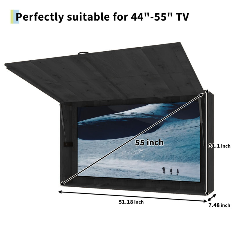 Outdoor TV Storage Cabinet for 44-55 Inch TVs, Weatherproof Wall Mounted TV Box with Adjustable Mount & Fold Up Door for Patio Backyard Garden