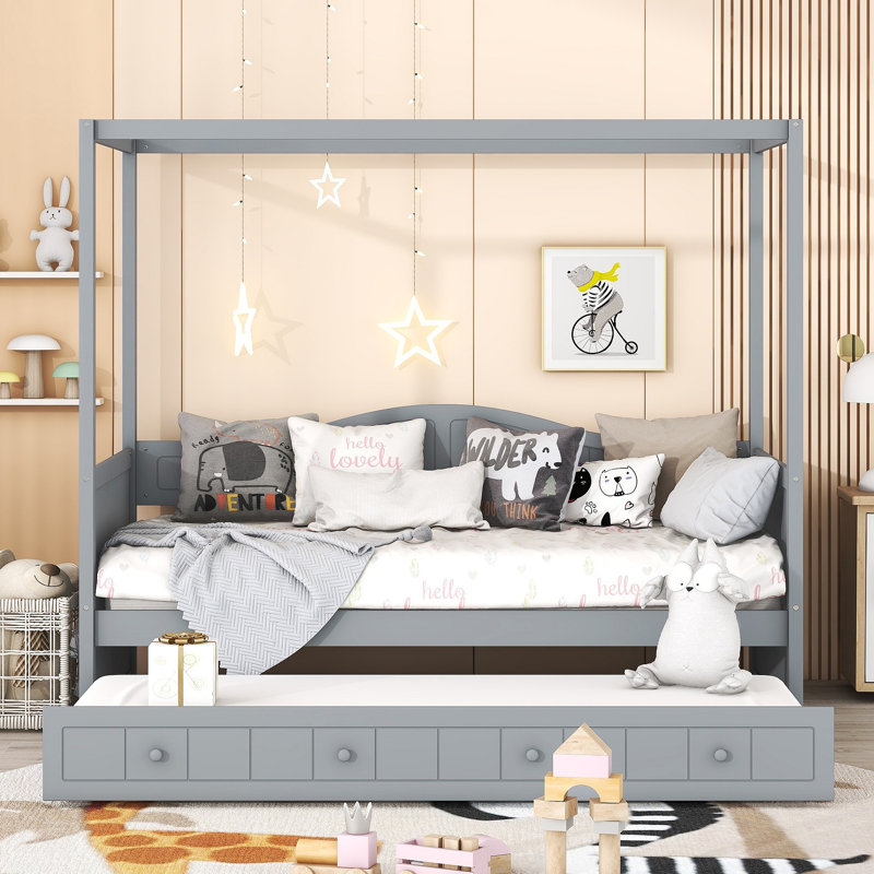 Canopy Day Bed With Trundle, Gray