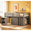 Lit mezzanine double bas avec cabinet, tablettes et bureau portatif à roulettes - Design multifonctionnel et peu encombrant en gris