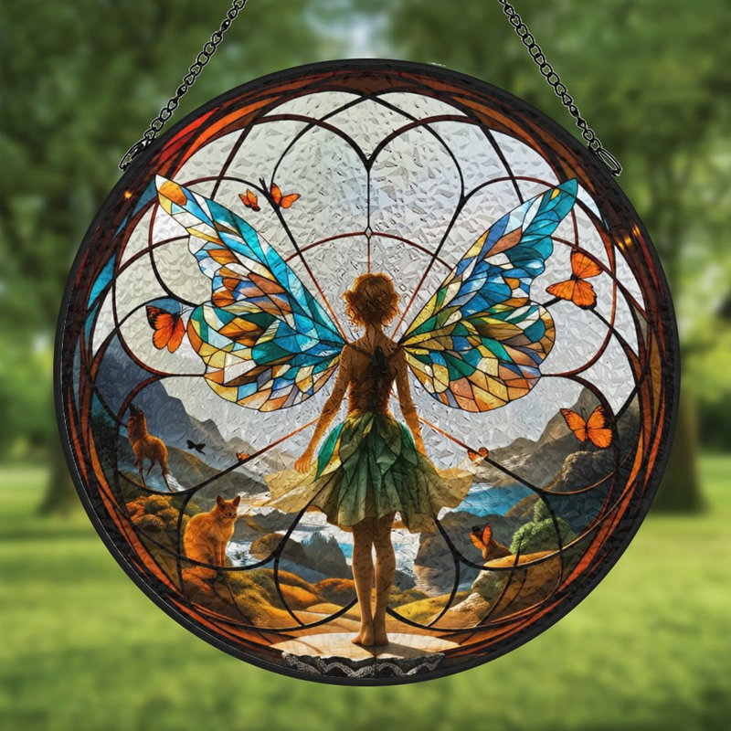 Fée avec panneaux vitrail papillon et attrape-soleil pour décor de fenêtre, 11,8 x 11,8 po (30 x 30 cm)