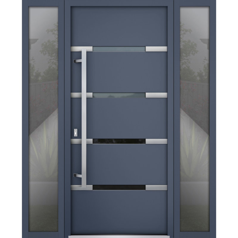 Porte avant en acier pré-suspendue à l'avant / deux graphite gris 1105/2 fenêtres extérieures latérales / inserts en acier inoxydable simples peints de style moderne - l 14 + 36 + 14 po x H 80 po - Ouverture à droite