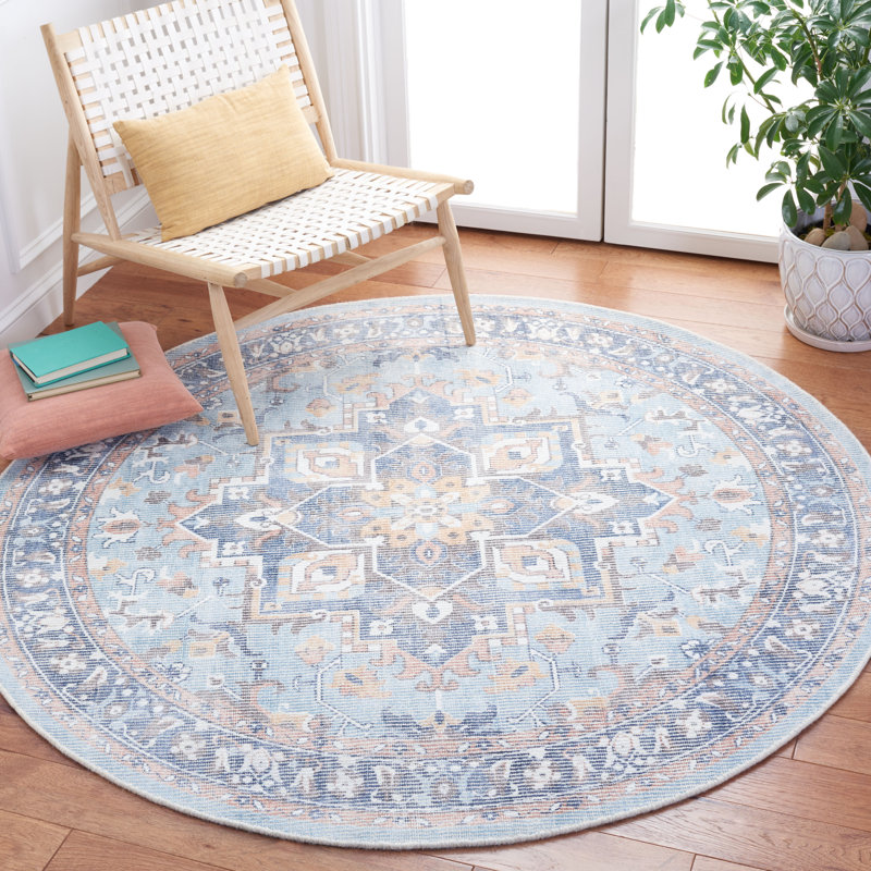 Tapis ivoire / bleu clair tissé à la main Anguilla, Rond 6 pi