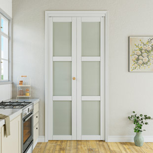 Classical 3-Lite Tempered Frosted Glass Solid Core Paintable Primed Bi-fold Doors with Installation Hardware Kit