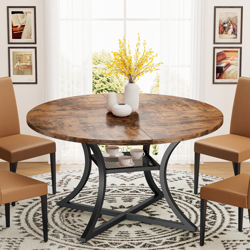 Aycide 47.2" Round Dining Table With Storage Shelf, Wooden Tabletop And Metal Base , Rustic Brown